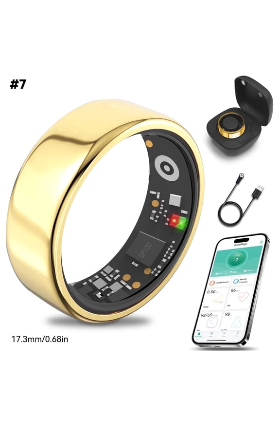 Health & Fitness Tracking Ring | Sleep Monitor | 5-Day Battery & IP68 Waterproof | Gold, Size 7