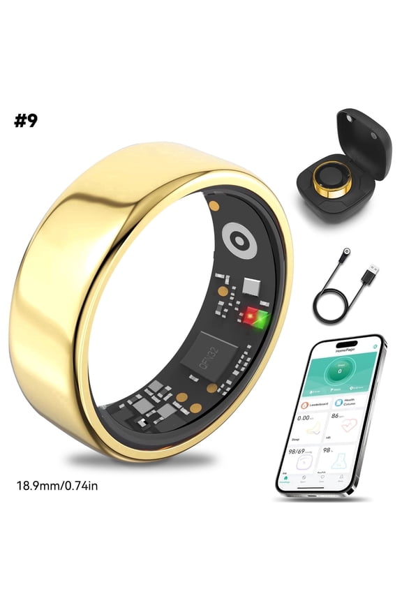 Health & Fitness Tracking Ring | Sleep Monitor | 5-Day Battery & IP68 Waterproof | Gold, Size 9