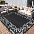 thumbnail image 1 of HIWEAVER 10' x 14' Black/White Outdoor Rug PP Plastic Straw Woven Waterproof Patio Rug with Border Portable Outside Carpet for Balcony Deck Picnic Garden Decor, 1 of 5