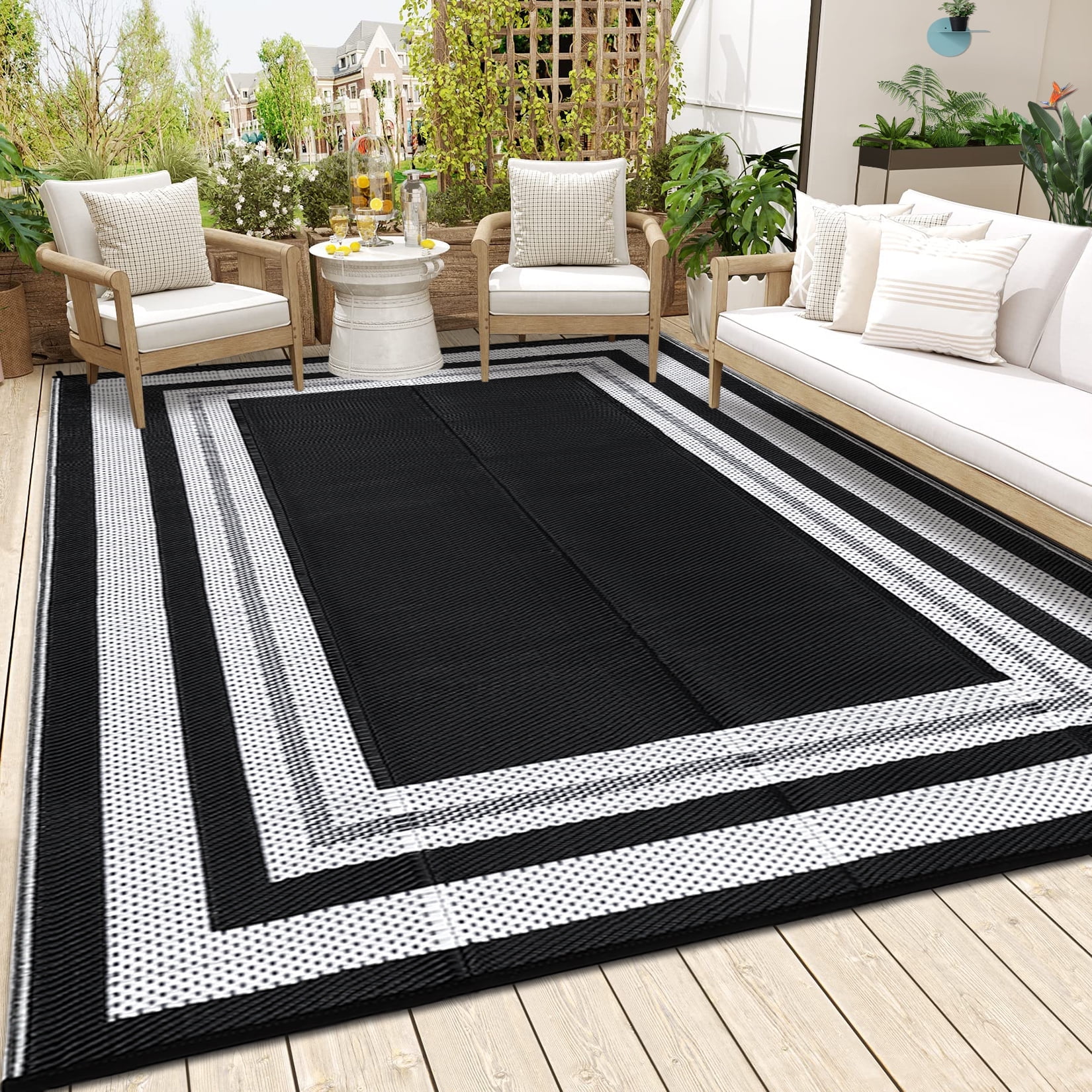 HIWEAVER 10' x 14' Black/White Outdoor Rug PP Plastic Straw Woven Waterproof Patio Rug with Border Portable Outside Carpet for Balcony Deck Picnic Garden Decor