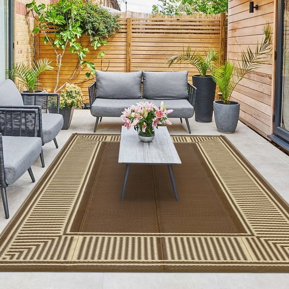HIWEAVER 10' x 14' Brown Outdoor Rug PP Plastic Straw Woven Waterproof Patio Rug with Border Portable Outside Carpet for Balcony Deck Picnic Garden Decor