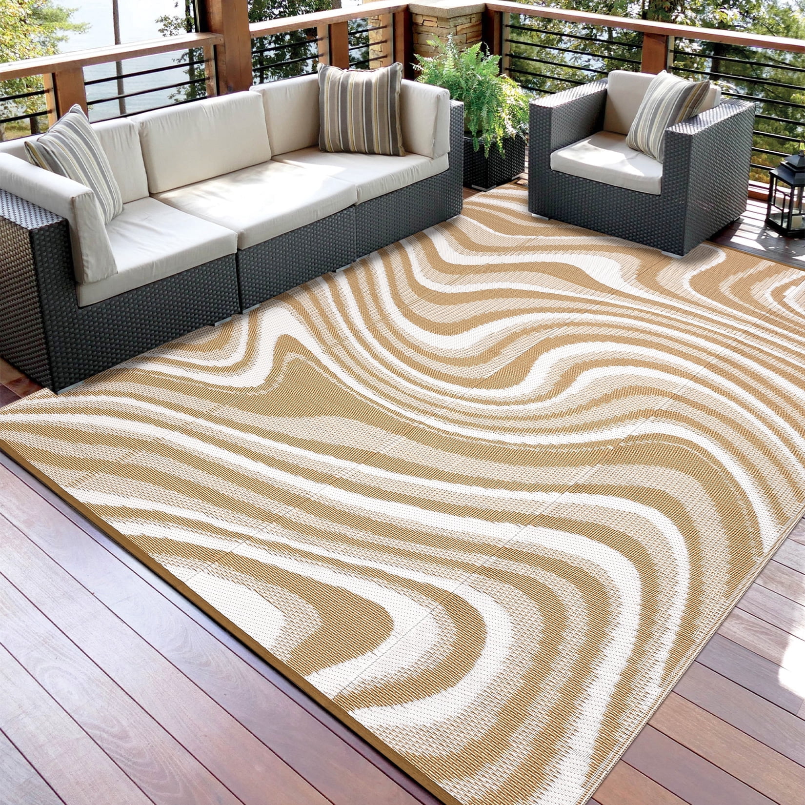 HIWEAVER 10' x 14' Brown/White Outdoor Rug PP Plastic Straw Woven Waterproof Patio Rug with Border Portable Outside Carpet for Balcony Deck Picnic Garden Decor