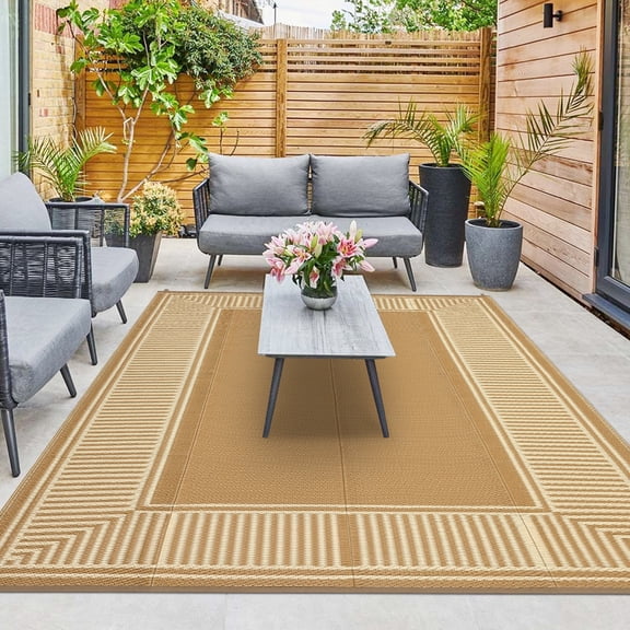 HIWEAVER 10' x 14' Camel Outdoor Rug PP Plastic Straw Woven Waterproof Patio Rug with Border Portable Outside Carpet for Balcony Deck Picnic Garden Decor