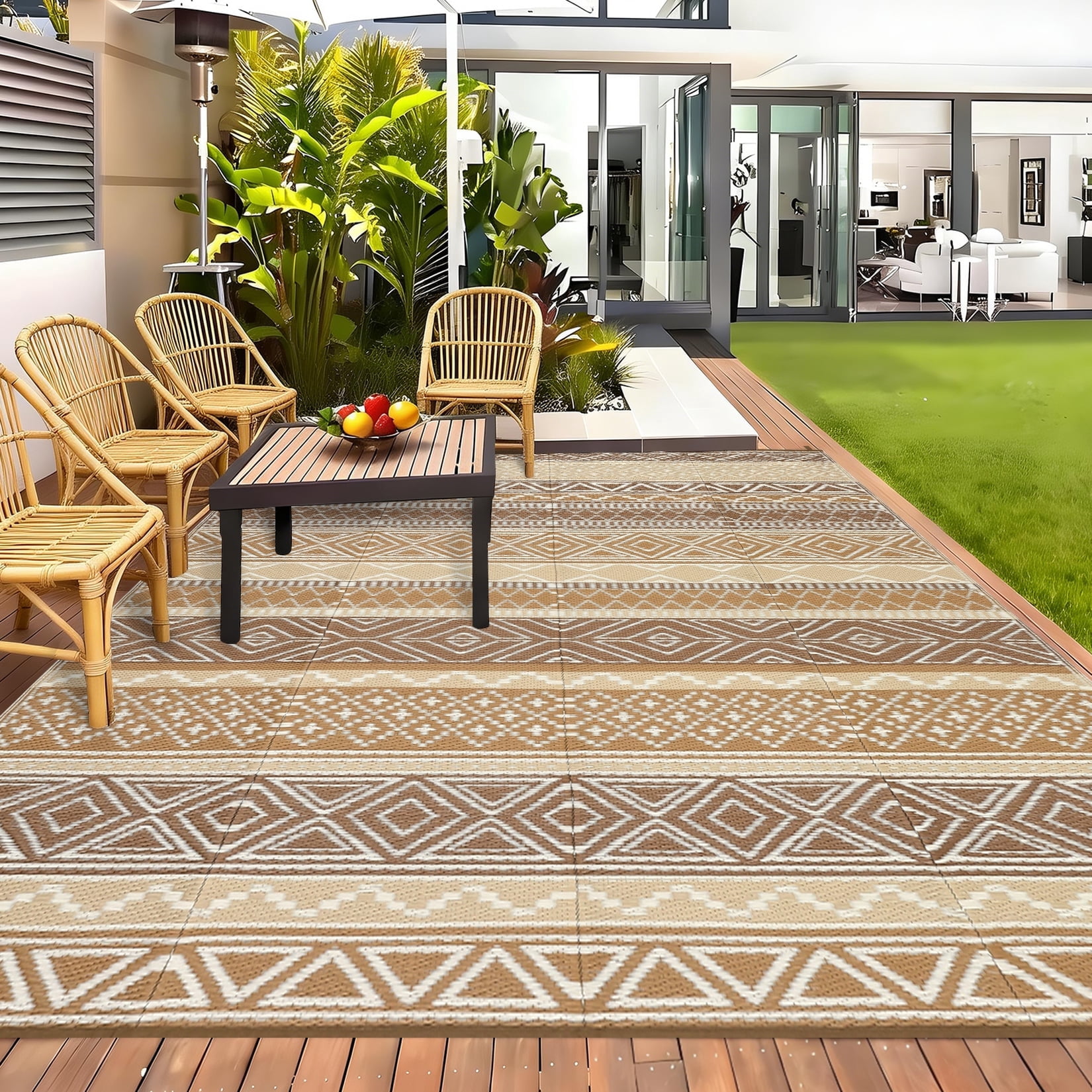 HIWEAVER 10' x 14' Camel Outdoor Rug PP Plastic Straw Woven Waterproof Patio Rug with Border Portable Outside Carpet for Balcony Deck Picnic Garden Decor