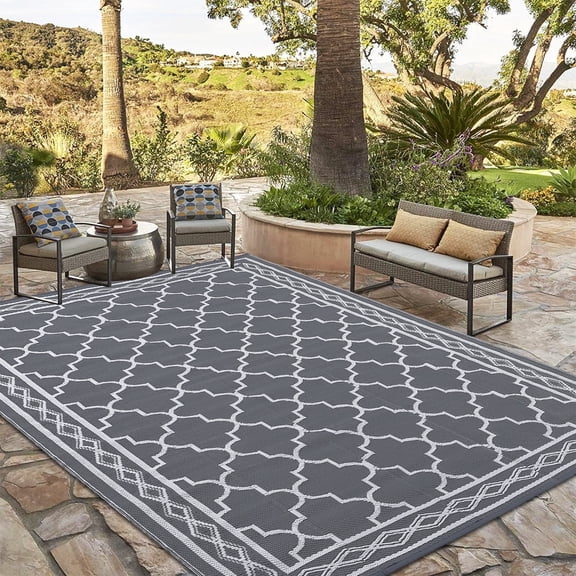 HIWEAVER 10' x 14' Gray/White Outdoor Rug PP Plastic Straw Woven Waterproof Patio Rug with Border Portable Outside Carpet for Balcony Deck Picnic Garden Decor
