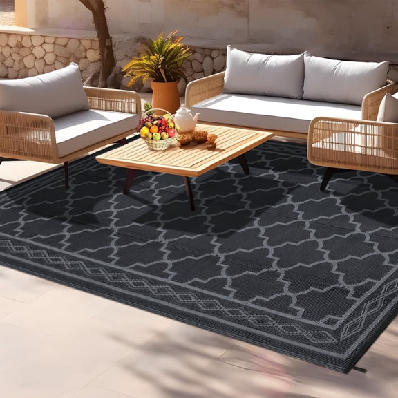 HIWEAVER 10' x 20' Black/Gray Outdoor Rug PP Plastic Straw Woven Waterproof Patio Rug with Border Portable Outside Carpet for Balcony Deck Picnic Garden Decor