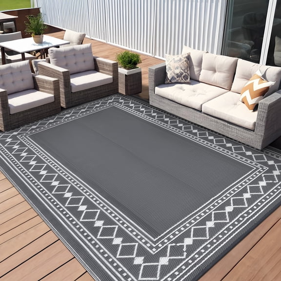 HIWEAVER 10' x 20' Gray Outdoor Rug PP Plastic Straw Woven Waterproof Patio Rug with Border Portable Outside Carpet for Balcony Deck Picnic Garden Decor