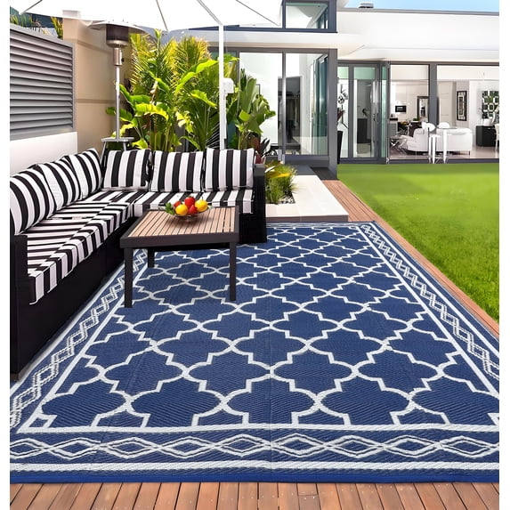 HIWEAVER 10' x 20' Navy/White Outdoor Rug PP Plastic Straw Woven Waterproof Patio Rug with Border Portable Outside Carpet for Balcony Deck Picnic Garden Decor