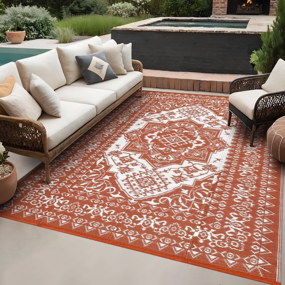 HIWEAVER 10' x 20' Orange/White Outdoor Rug PP Plastic Straw Woven Waterproof Patio Rug with Border Portable Outside Carpet for Balcony Deck Picnic Garden Decor