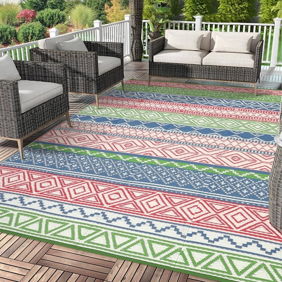 HIWEAVER 5' x 8' Red/Green Outdoor Rug PP Plastic Straw Woven Waterproof Patio Rug with Border Portable Outside Carpet for Balcony Deck Picnic Garden Decor