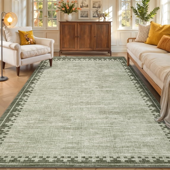 HIWEAVER 8' x 10' Area Rug for Living Room Washable Modern Geometric Bordered Non Slip Non Shedding Neutral Indoor Decor Carpet, Sage Green