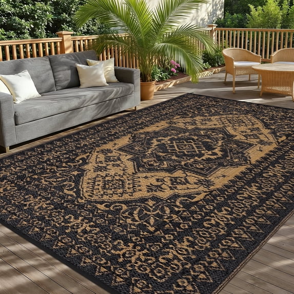 HIWEAVER 8' x 10' Black/Brown Outdoor Rug PP Plastic Straw Woven Waterproof Patio Rug with Border Portable Outside Carpet for Balcony Deck Picnic Garden Decor