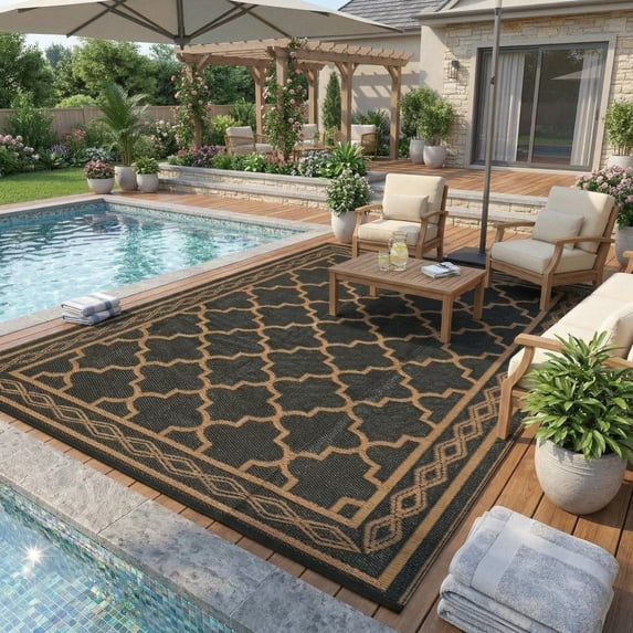HIWEAVER 8' x 10' Black/Brown Outdoor Rug PP Plastic Straw Woven Waterproof Patio Rug with Border Portable Outside Carpet for Balcony Deck Picnic Garden Decor