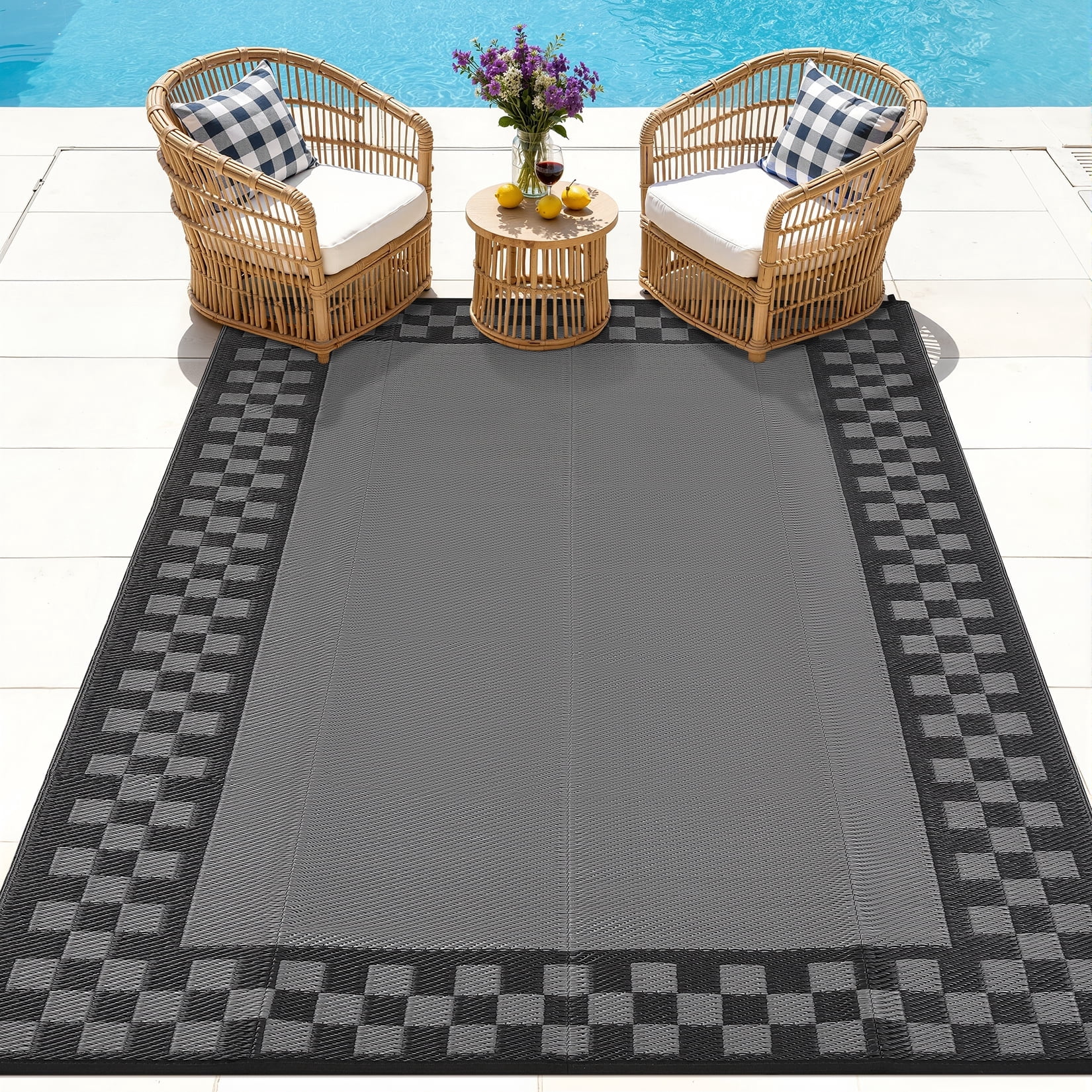 HIWEAVER 8' x 10' Black/Gray Outdoor Rug PP Plastic Straw Woven Waterproof Patio Rug with Border Portable Outside Carpet for Balcony Deck Picnic Garden Decor