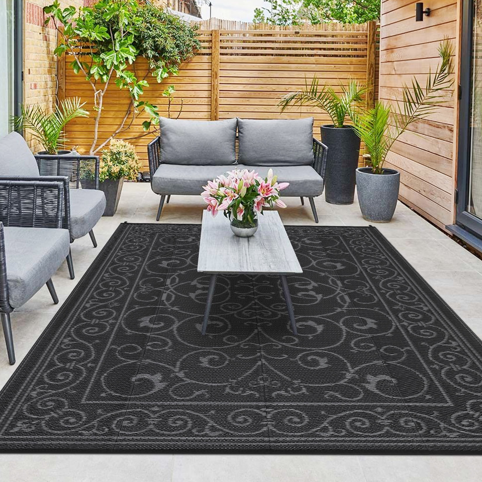 HIWEAVER 8' x 10' Black/Gray Outdoor Rug PP Plastic Straw Woven Waterproof Patio Rug with Border Portable Outside Carpet for Balcony Deck Picnic Garden Decor