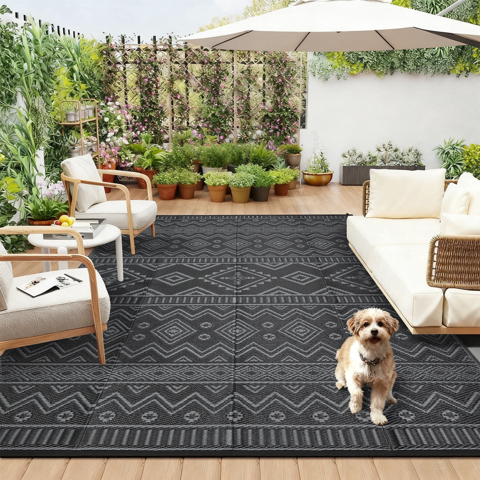 HIWEAVER 8' x 10' Black/Gray Outdoor Rug PP Plastic Straw Woven Waterproof Patio Rug with Border Portable Outside Carpet for Balcony Deck Picnic Garden Decor