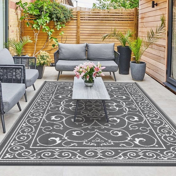 HIWEAVER 8' x 10' Gray/White Outdoor Rug PP Plastic Straw Woven Waterproof Patio Rug with Border Portable Outside Carpet for Balcony Deck Picnic Garden Decor