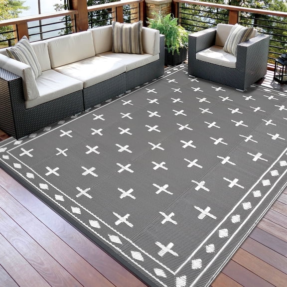 HIWEAVER 8' x 10' Gray/White Outdoor Rug PP Plastic Straw Woven Waterproof Patio Rug with Border Portable Outside Carpet for Balcony Deck Picnic Garden Decor