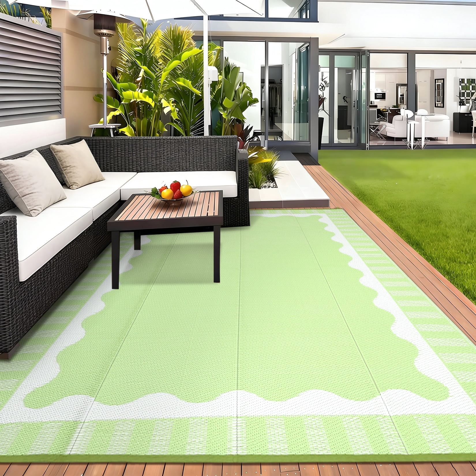 HIWEAVER 8' x 10' Light Green Outdoor Rug PP Plastic Straw Woven Waterproof Patio Rug with Border Portable Outside Carpet for Balcony Deck Picnic Garden Decor