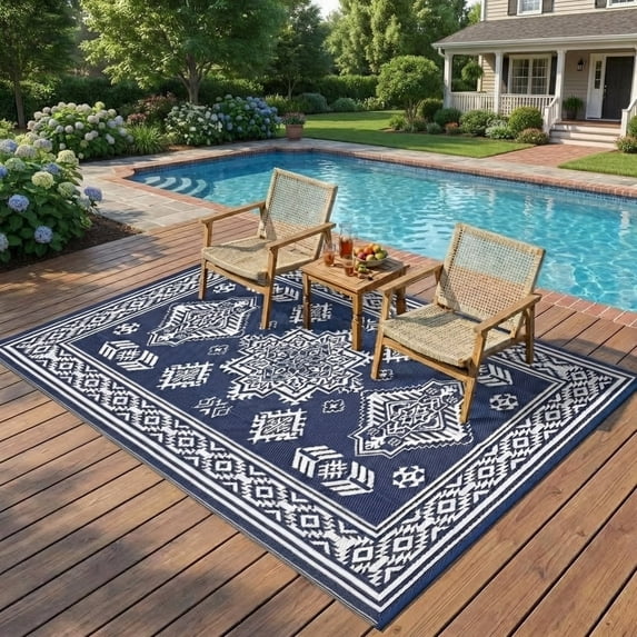 HIWEAVER 8'x 10' Navy/White Outdoor Rug Garden Decor Geometric Floral Carpet Plastic Straw Waterproof Patio Area Rug for Balcony Deck Picnic Portable Camping Mat