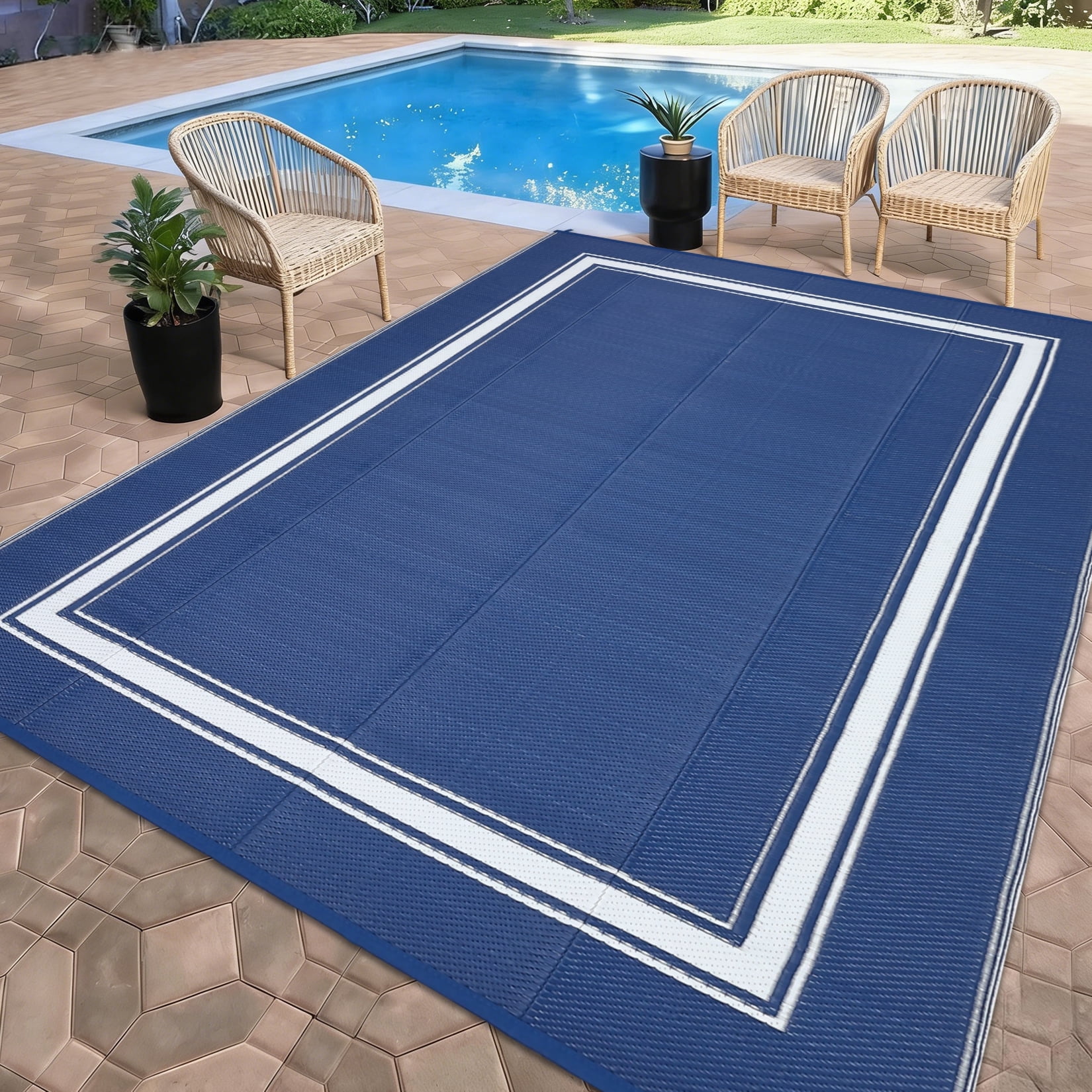 HIWEAVER 8' x 10' Navy/White Outdoor Rug PP Plastic Straw Woven Waterproof Patio Rug with Border Portable Outside Carpet for Balcony Deck Picnic Garden Decor