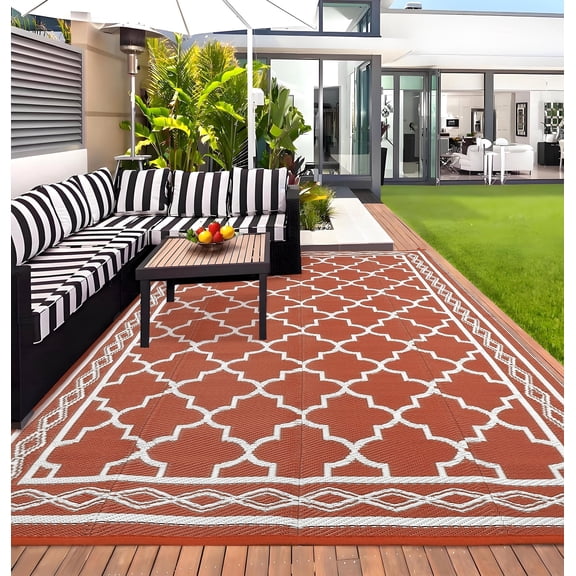 HIWEAVER 8' x 10' Orange/Red Outdoor Rug PP Plastic Straw Woven Waterproof Patio Rug with Border Portable Outside Carpet for Balcony Deck Picnic Garden Decor