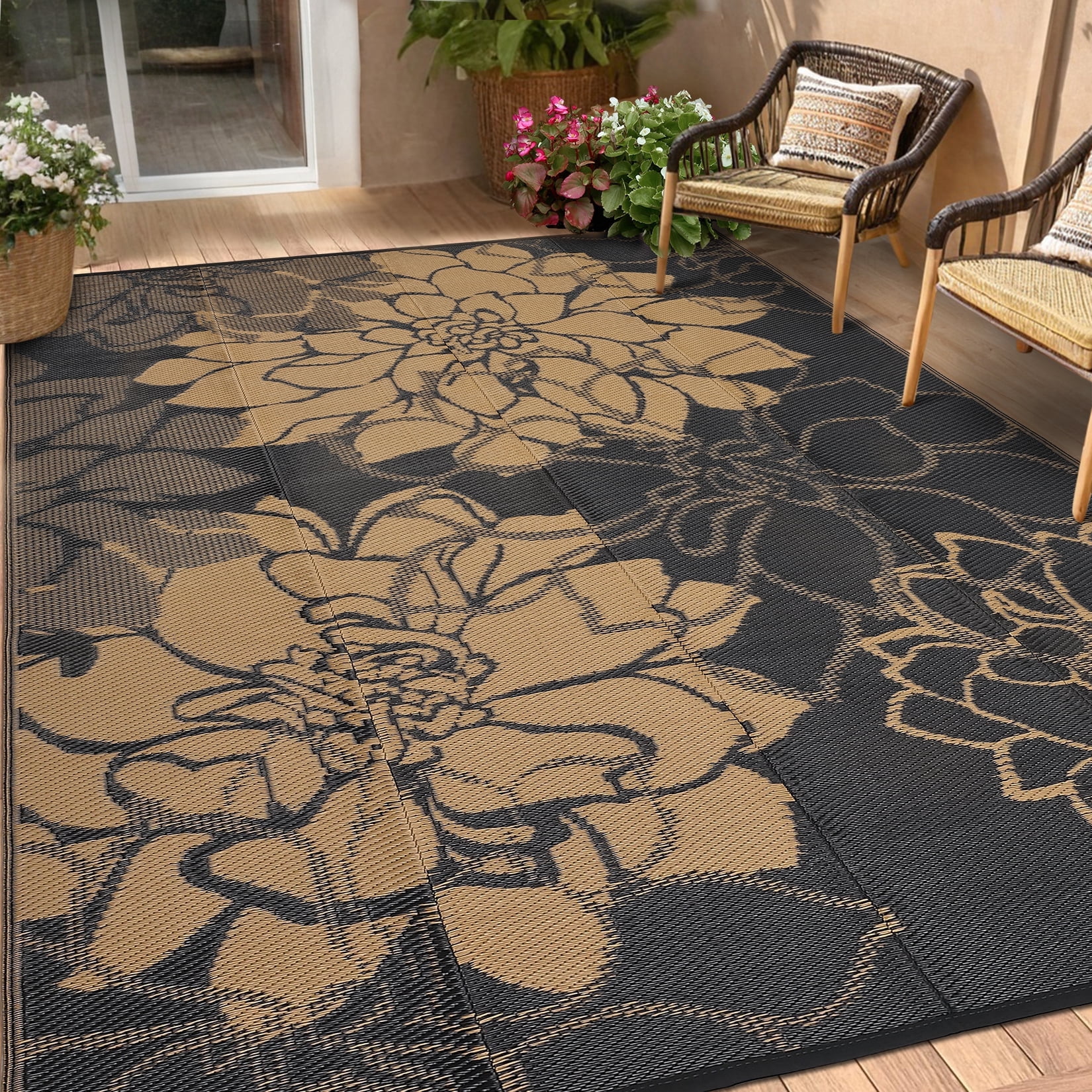 HIWEAVER 9' x 12' Black/Brown Outdoor Rug PP Plastic Straw Woven ...