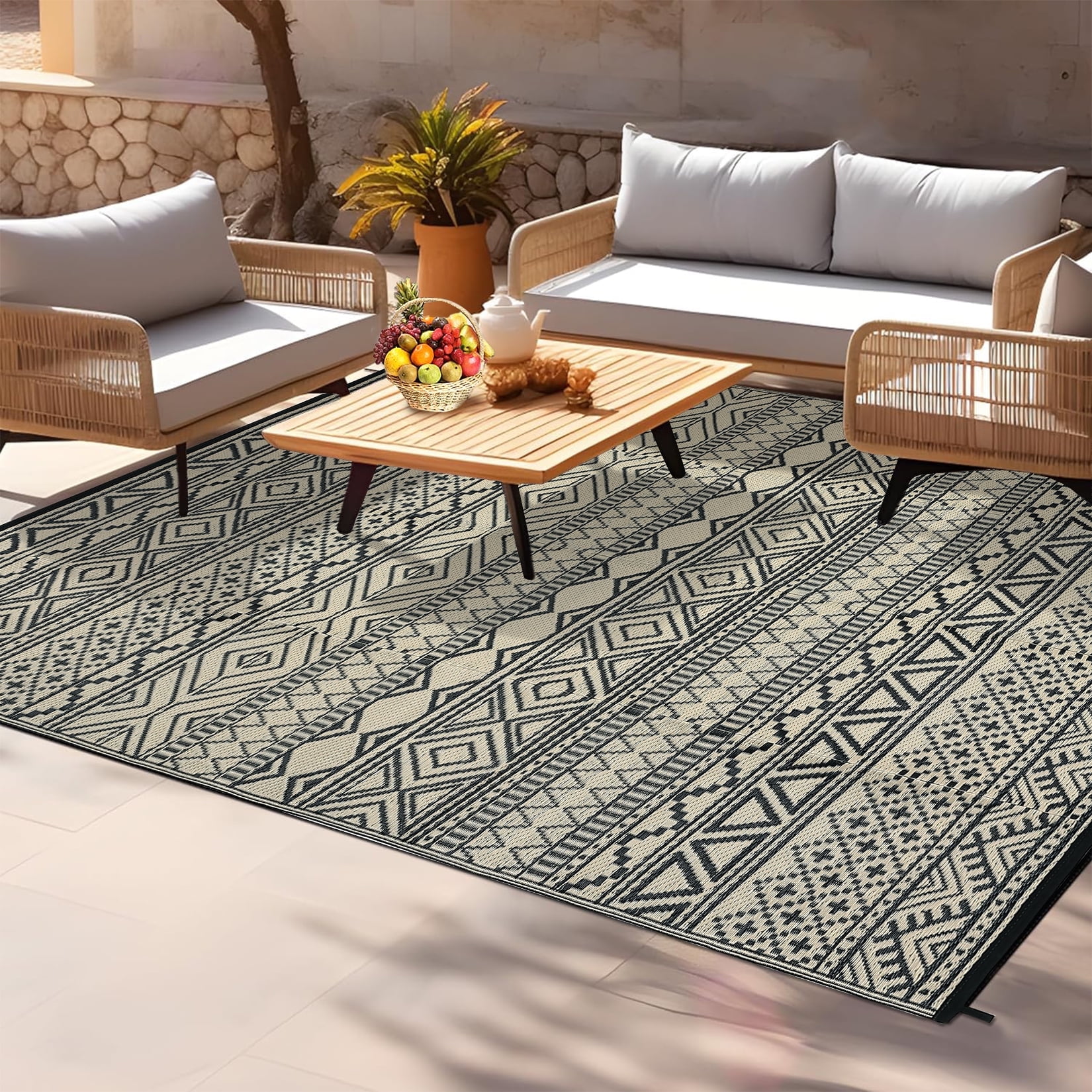 HIWEAVER 9' x 12' Black/Camel Outdoor Rug PP Plastic Straw Woven Waterproof Patio Rug with Border Portable Outside Carpet for Balcony Deck Picnic Garden Decor