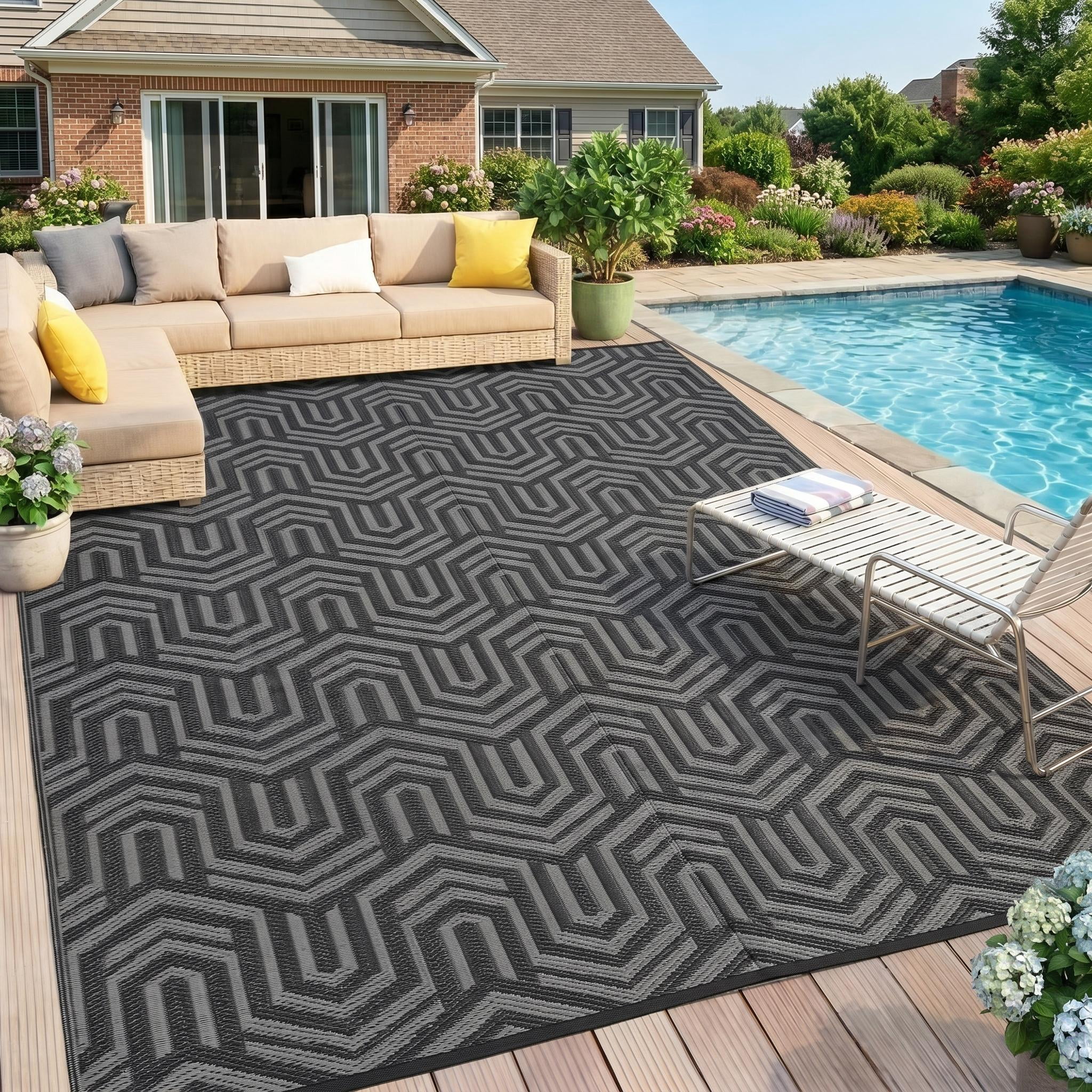 HIWEAVER 9' x 12' Black/Gray Outdoor Rug PP Plastic Straw Woven Waterproof Patio Rug with Border Portable Outside Carpet for Balcony Deck Picnic Garden Decor