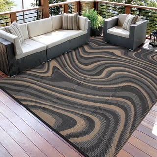 HIWEAVER 9' x 12' Black/Gray Outdoor Rug PP Plastic Straw Woven Waterproof Patio Rug with Border Portable Outside Carpet for Balcony Deck Picnic Garden Decor