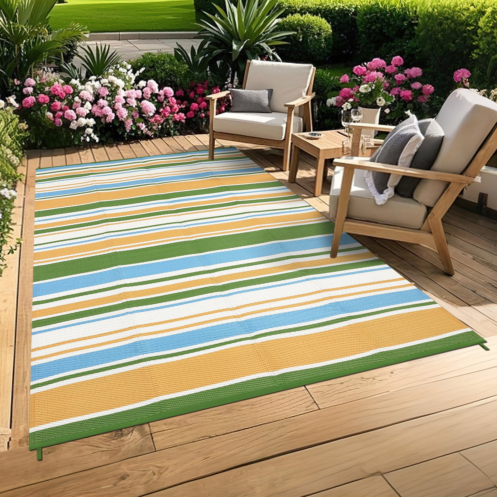 HIWEAVER 9' x 12' Blue Outdoor Rug PP Plastic Straw Woven Waterproof Patio Rug with Border Portable Outside Carpet for Balcony Deck Picnic Garden Decor