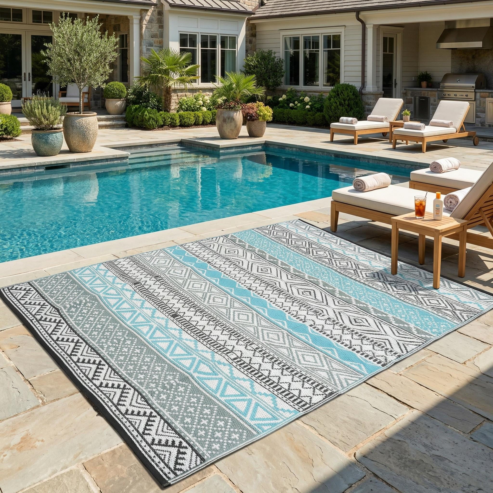 HIWEAVER 9' x 12' Gray/Blue Outdoor Rug PP Plastic Straw Woven Waterproof Patio Rug with Border Portable Outside Carpet for Balcony Deck Picnic Garden Decor