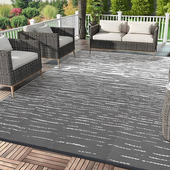 HIWEAVER 9' x 12' Gray/White Outdoor Rug PP Plastic Straw Woven Waterproof Patio Rug with Border Portable Outside Carpet for Balcony Deck Picnic Garden Decor