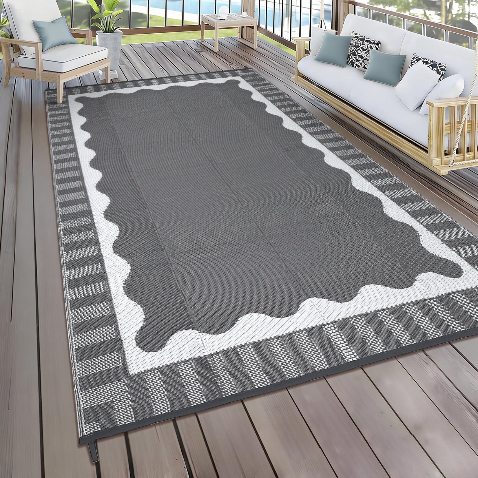 HIWEAVER 9' x 12' Gray/White Outdoor Rug PP Plastic Straw Woven Waterproof Patio Rug with Border Portable Outside Carpet for Balcony Deck Picnic Garden Decor