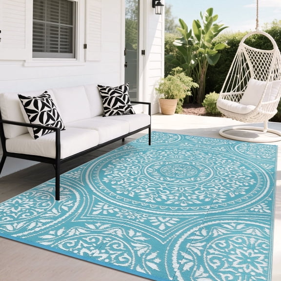 HIWEAVER 9' x 12' Light Blue Outdoor Rug PP Plastic Straw Woven Waterproof Patio Rug with Border Portable Outside Carpet for Balcony Deck Picnic Garden Decor