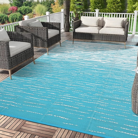 HIWEAVER 9' x 12' Light Blue Outdoor Rug PP Plastic Straw Woven Waterproof Patio Rug with Border Portable Outside Carpet for Balcony Deck Picnic Garden Decor