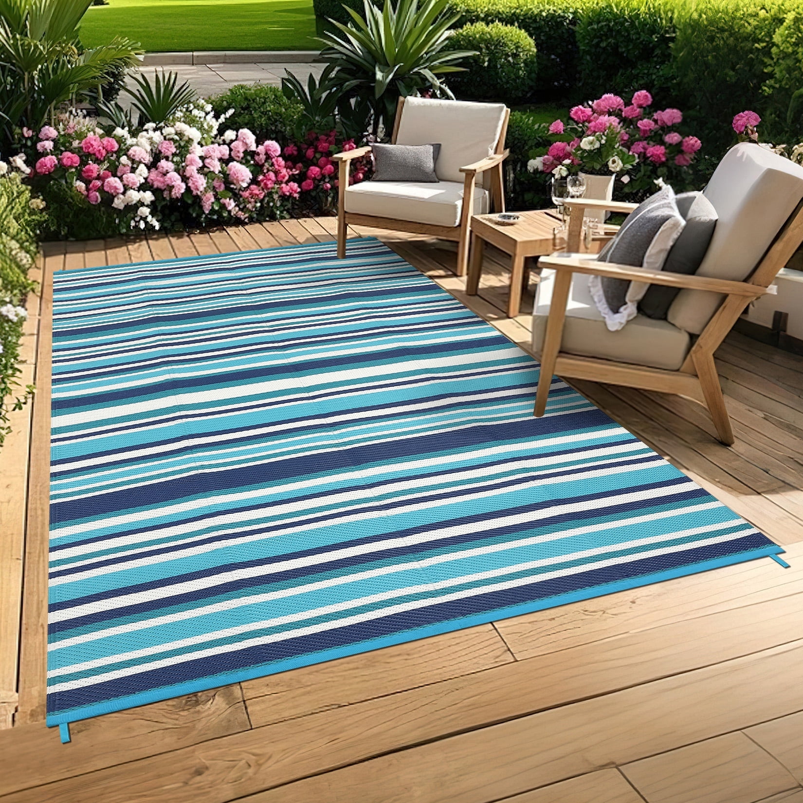 HIWEAVER 9' x 12' Light Blue Outdoor Rug PP Plastic Straw Woven Waterproof Patio Rug with Border Portable Outside Carpet for Balcony Deck Picnic Garden Decor