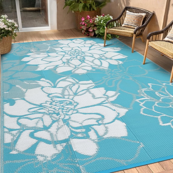 HIWEAVER 9' x 12' Light Blue Outdoor Rug PP Plastic Straw Woven Waterproof Patio Rug with Border Portable Outside Carpet for Balcony Deck Picnic Garden Decor