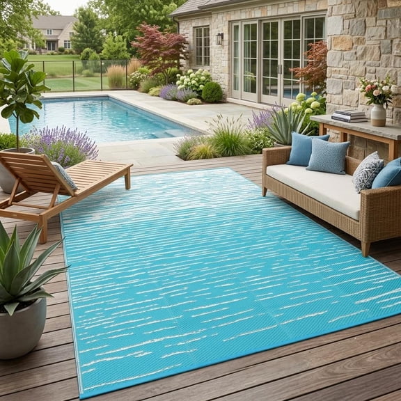 HIWEAVER 9' x 12' Light Blue Outdoor Rug PP Plastic Straw Woven Waterproof Patio Rug with Border Portable Outside Carpet for Balcony Deck Picnic Garden Decor