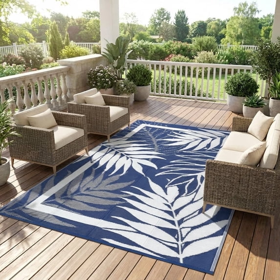 HIWEAVER 9'x 12' Navy White Outdoor Rug Garden Decor Geometric Floral Carpet Plastic Straw Waterproof Patio Area Rug for Balcony Deck Picnic Portable Camping Mat