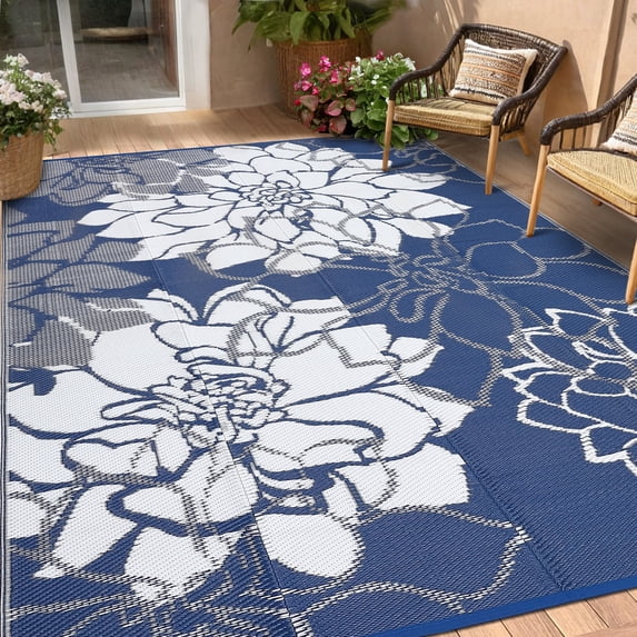 HIWEAVER 9' x 12' Navy/White Outdoor Rug PP Plastic Straw Woven Waterproof Patio Rug with Border Portable Outside Carpet for Balcony Deck Picnic Garden Decor