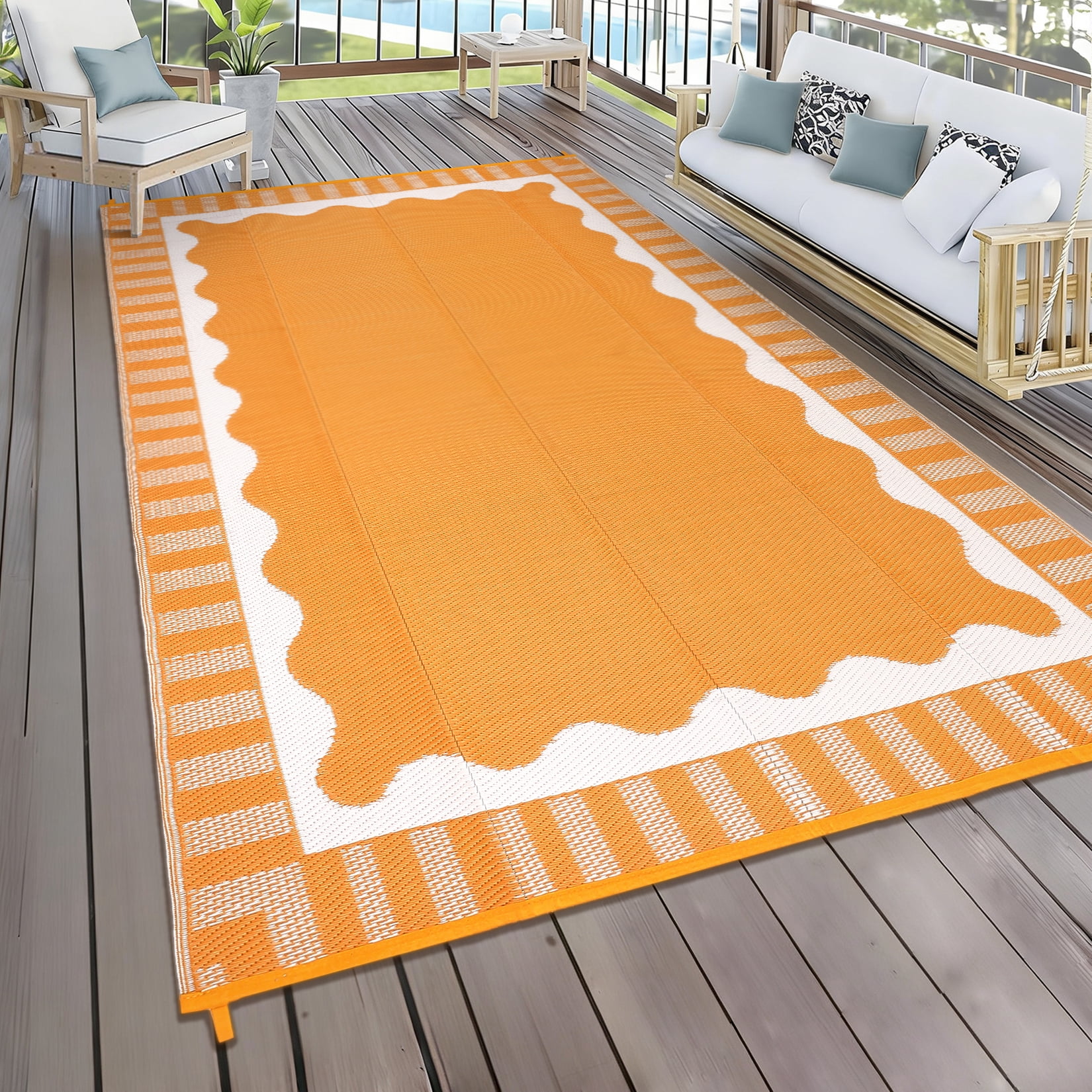 HIWEAVER 9' x 12' Orange/White Outdoor Rug PP Plastic Straw Woven Waterproof Patio Rug with Border Portable Outside Carpet for Balcony Deck Picnic Garden Decor