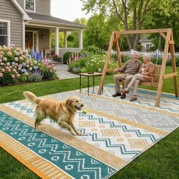 HIWEAVER 9' x 12' Yellow/Green Outdoor Rug PP Plastic Straw Woven Waterproof Patio Rug with Border Portable Outside Carpet for Balcony Deck Picnic Garden Decor