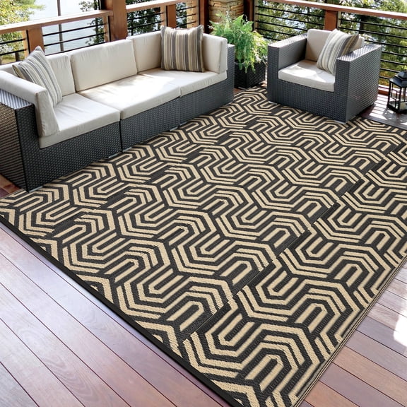 HIWEAVER 9' x 18' Black/Brown Outdoor Rug PP Plastic Straw Woven Waterproof Patio Rug with Border Portable Outside Carpet for Balcony Deck Picnic Garden Decor