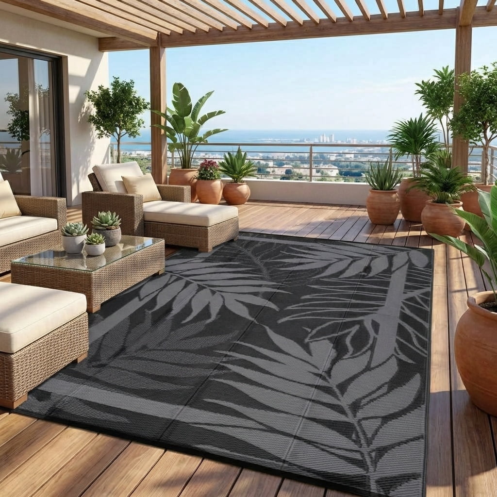 HIWEAVER 9'x 18' Black Gray Outdoor Rug Garden Decor Geometric Floral Carpet Plastic Straw Waterproof Patio Area Rug for Balcony Deck Picnic Portable Camping Mat