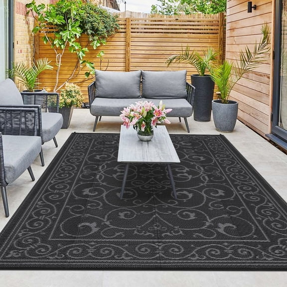 HIWEAVER 9' x 18' Black/Gray Outdoor Rug PP Plastic Straw Woven Waterproof Patio Rug with Border Portable Outside Carpet for Balcony Deck Picnic Garden Decor