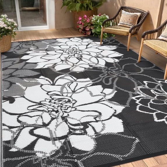 HIWEAVER 9' x 18' Black Outdoor Rug PP Plastic Straw Woven Waterproof Patio Rug with Border Portable Outside Carpet for Balcony Deck Picnic Garden Decor