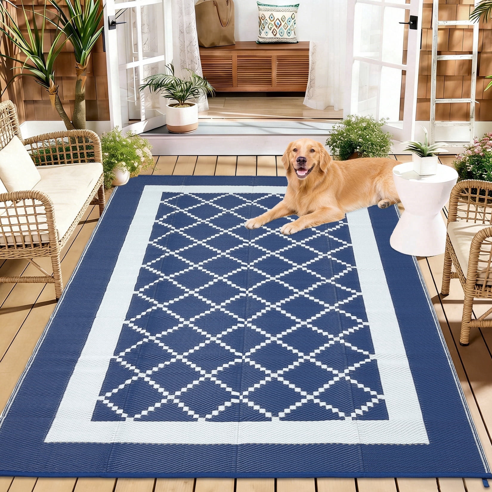 HIWEAVER 9' x 18' Navy/White Outdoor Rug PP Plastic Straw Woven Waterproof Patio Rug with Border Portable Outside Carpet for Balcony Deck Picnic Garden Decor