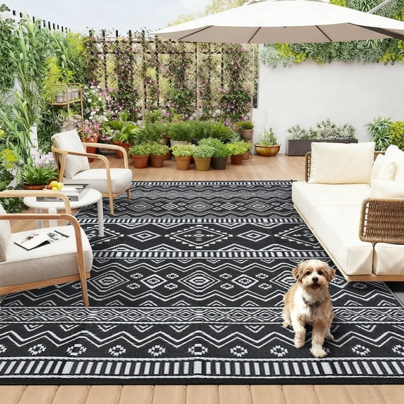 HIWEAVER 9' x 18' Black/White Outdoor Rug PP Plastic Straw Woven Waterproof Patio Rug with Border Portable Outside Carpet for Balcony Deck Picnic Garden Decor