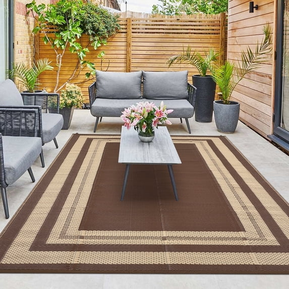 HIWEAVER 9' x 18' Brown Outdoor Rug PP Plastic Straw Woven Waterproof Patio Rug with Border Portable Outside Carpet for Balcony Deck Picnic Garden Decor